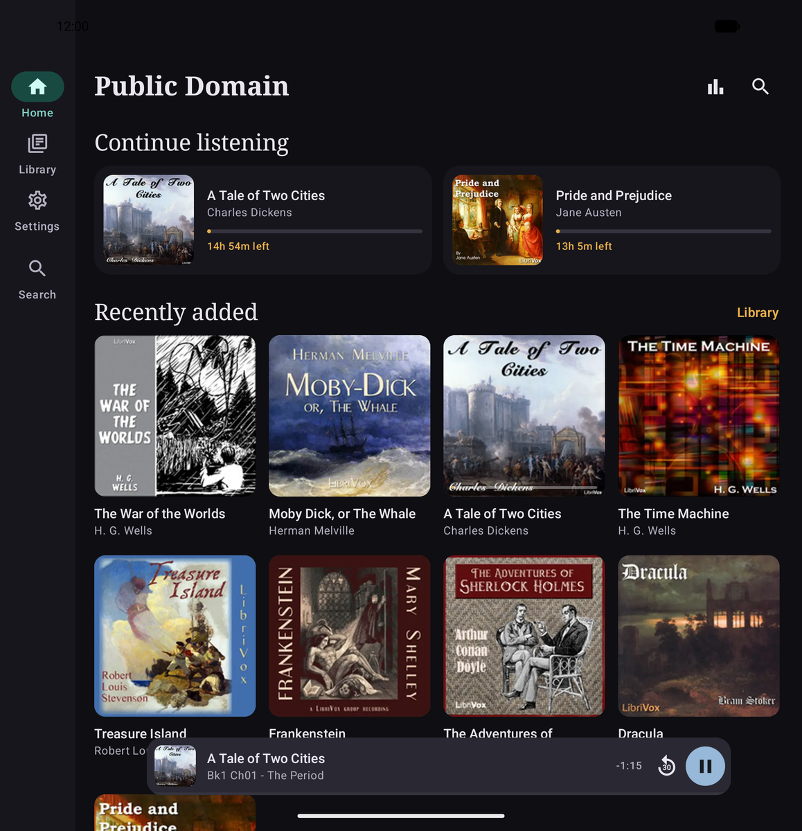 The Prosody home screen on an unfolded device, with a navigation rail down the left and continue listening cards laid out two across.