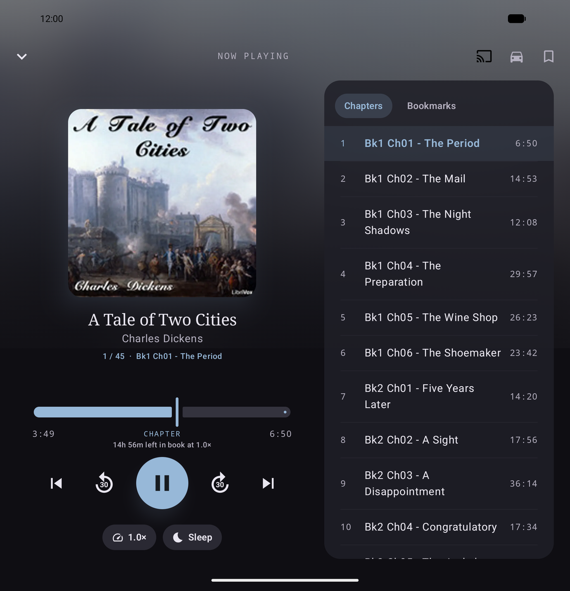 The Prosody player on an unfolded device, cover and controls on the left with a chapter list running down the right.