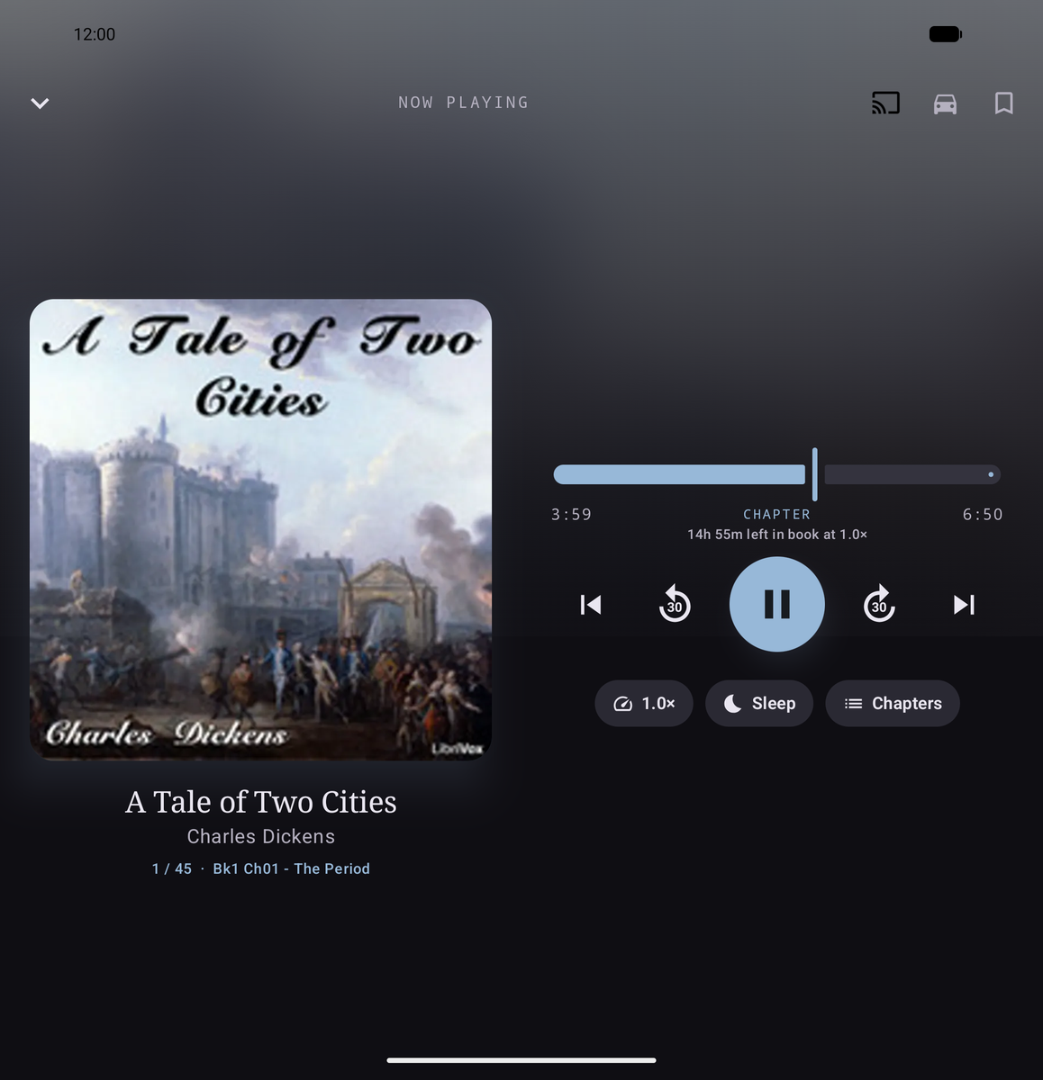 The Prosody player filling an unfolded screen, with the cover to one side and the playback controls spread across the full width.