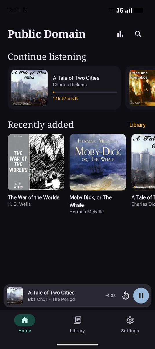 The Prosody home screen with a continue listening row and a recently added row of covers, and a mini player pinned to the bottom.