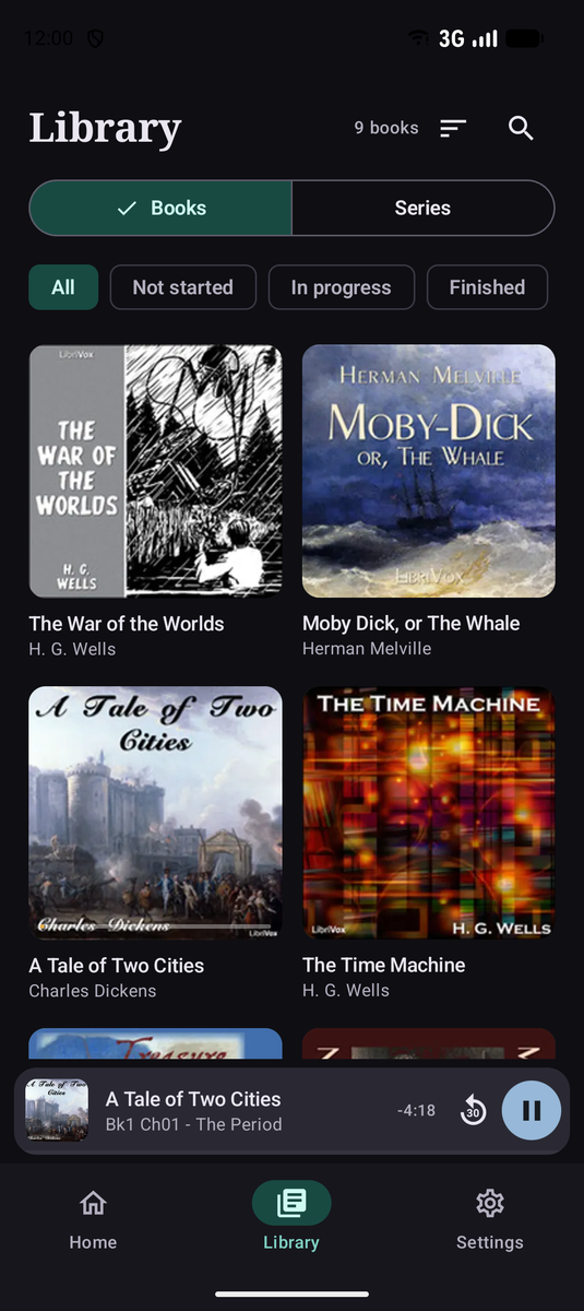 The Prosody library with Books and Series tabs, filters for not started, in progress and finished, and a grid of covers.