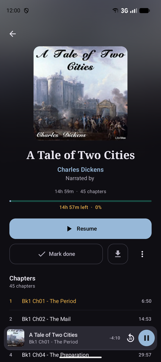 A book page in Prosody showing cover, author, narrator, length, chapter count, progress, and Resume, Mark done and download buttons.