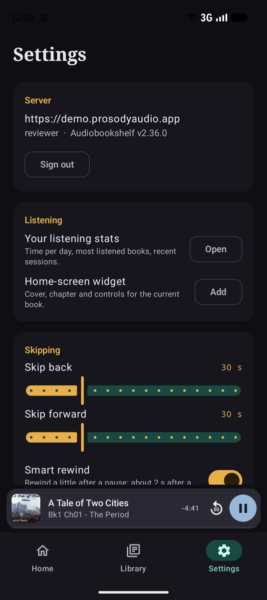 Prosody settings with the connected server, listening options, the home-screen widget, and sliders for skip back and skip forward lengths.